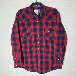 Vintage Panhandle Roughstock Red Blue Plaid Pearl Snap Western Shirt M